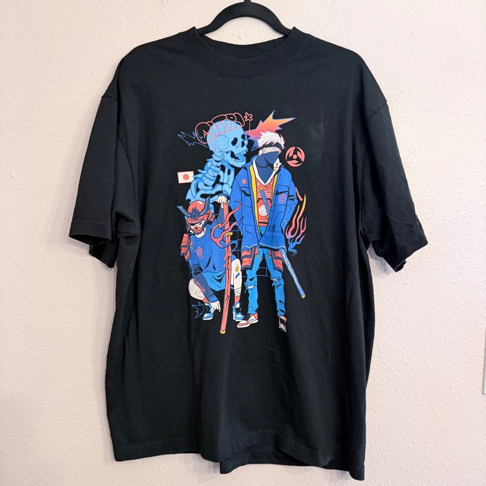 Catori Clothing Anime Samurai Skeleton Graphic Tee Black XL Streetwear Cotton